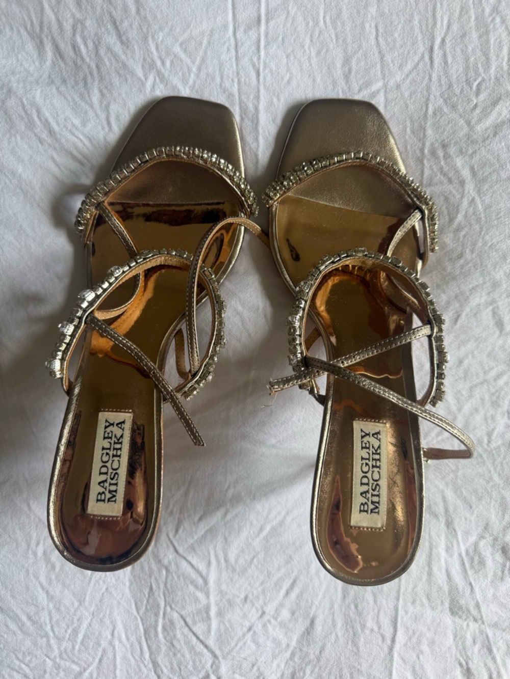 Badgley Mischka Rose Gold Strappy Heels Sandals with crystals, 8.5